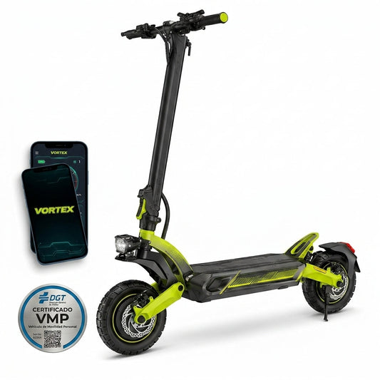 VORTEX X9 2x2 Trotinete elétrica conectada via aplicação. Conta com uma potência combinada de 1600 W, dupla suspensão e autonomia até 55 km; está em conformidade com as normas de trânsito de Portugal