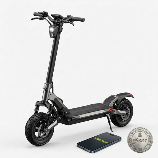 VORTEX Y8 2x2 Trotinete elétrica conectada via aplicação. Conta com uma potência combinada de 1000 W, dupla suspensão e autonomia até 25 km; está em conformidade com as regras de trânsito de Portugal