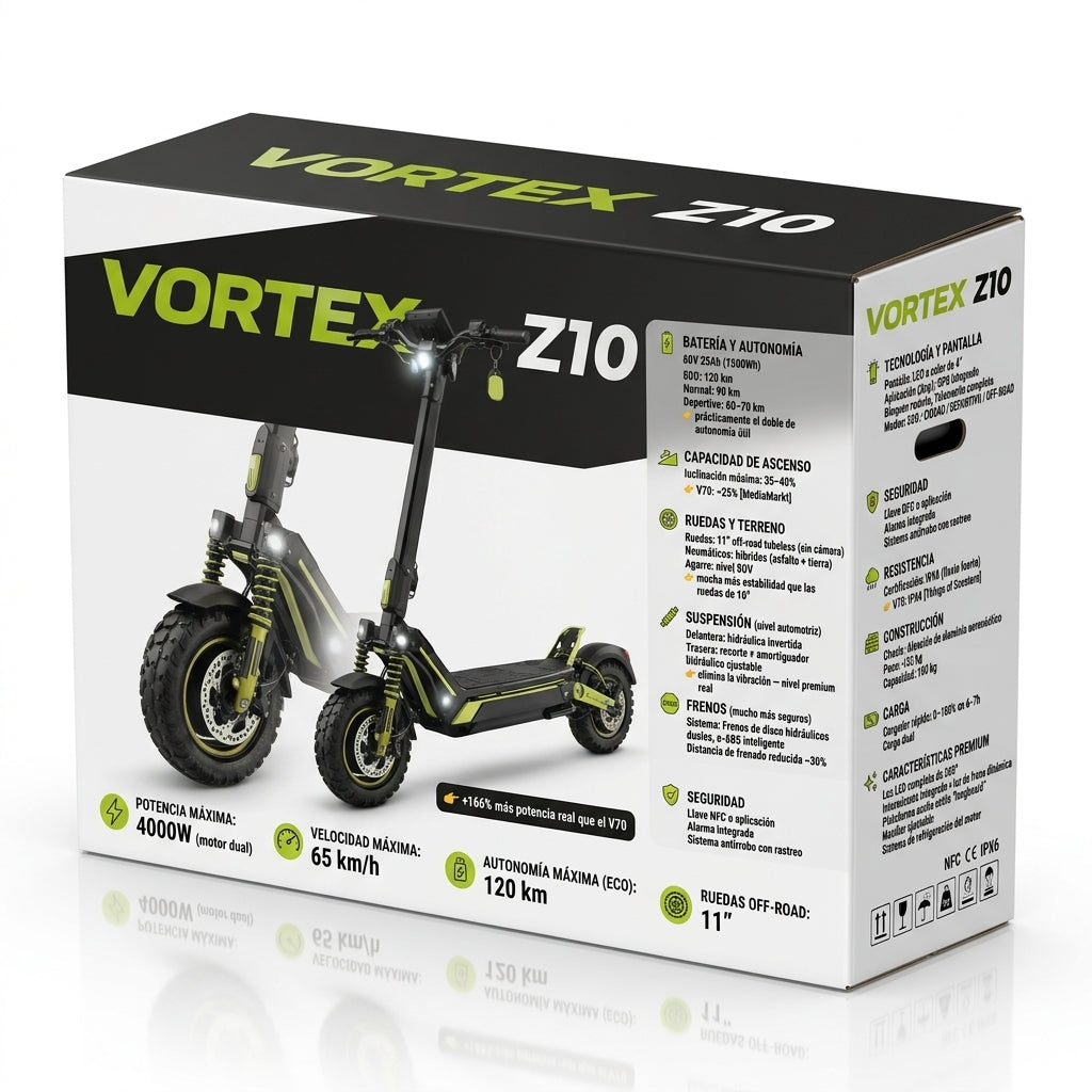 VORTEX Z10 2x2 Trotinete elétrica conectada via aplicação. Conta com uma potência combinada de 4000 W, dupla suspensão e autonomia até 65 km; está em conformidade com as regras de trânsito de Portugal