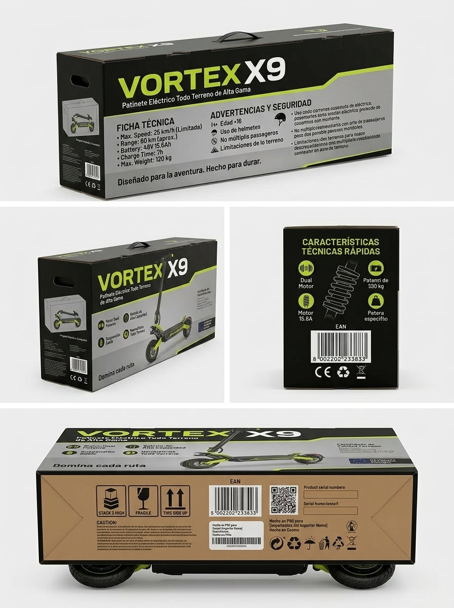 VORTEX X9 2x2 Trotinete elétrica conectada via aplicação. Conta com uma potência combinada de 1600 W, dupla suspensão e autonomia até 55 km; está em conformidade com as normas de trânsito de Portugal