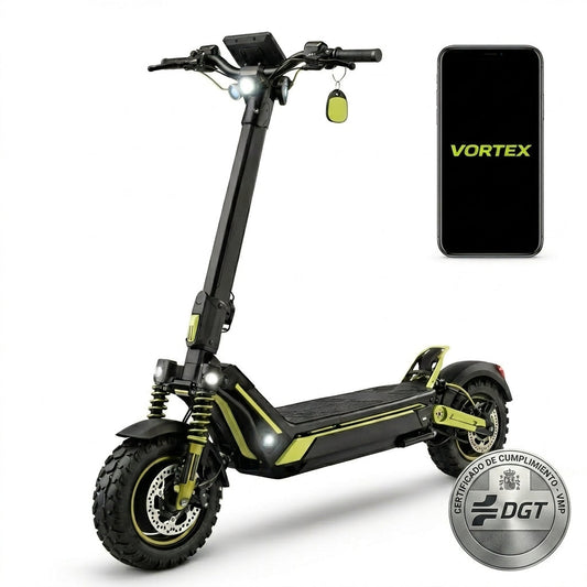 VORTEX Z10 2x2 Trotinete elétrica conectada via aplicação. Conta com uma potência combinada de 4000 W, dupla suspensão e autonomia até 65 km; está em conformidade com as regras de trânsito de Portugal