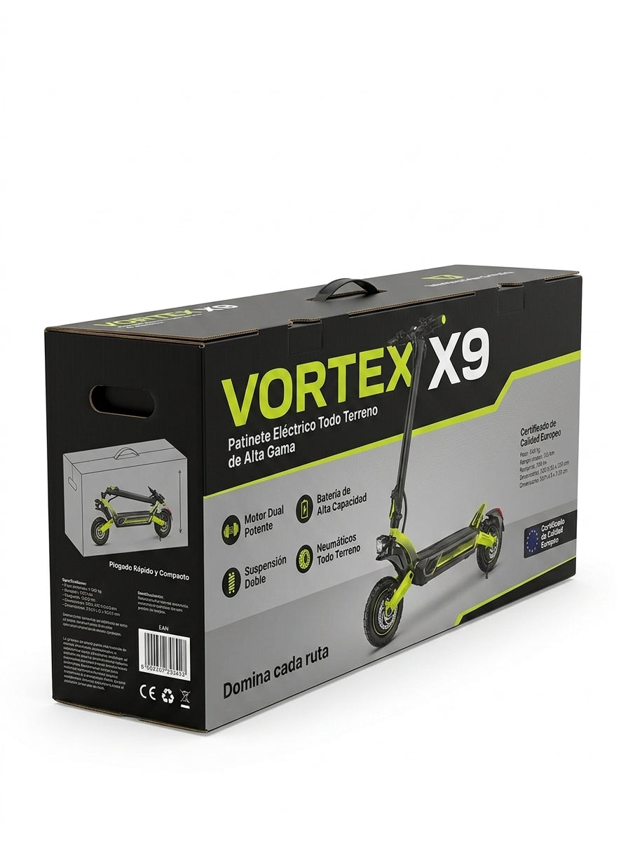 VORTEX X9 2x2 Trotinete elétrica conectada via aplicação. Conta com uma potência combinada de 1600 W, dupla suspensão e autonomia até 55 km; está em conformidade com as normas de trânsito de Portugal