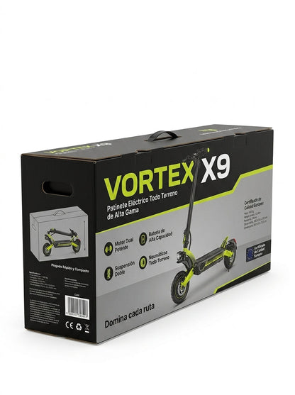 VORTEX X9 2x2 Trotinete elétrica conectada via aplicação. Conta com uma potência combinada de 1600 W, dupla suspensão e autonomia até 55 km; está em conformidade com as normas de trânsito de Portugal