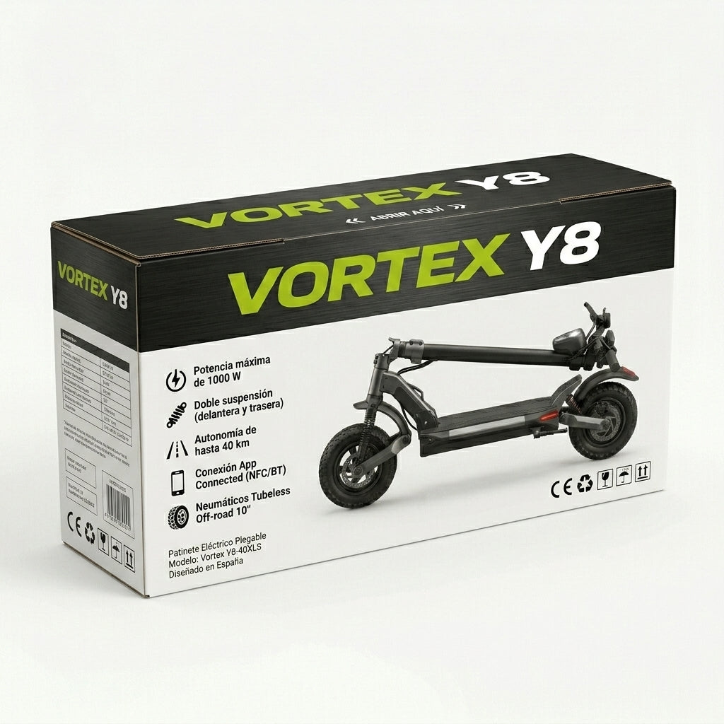 VORTEX Y8 2x2 Trotinete elétrica conectada via aplicação. Conta com uma potência combinada de 1000 W, dupla suspensão e autonomia até 25 km; está em conformidade com as regras de trânsito de Portugal