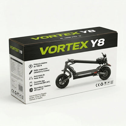 VORTEX Y8 2x2 Trotinete elétrica conectada via aplicação. Conta com uma potência combinada de 1000 W, dupla suspensão e autonomia até 25 km; está em conformidade com as regras de trânsito de Portugal
