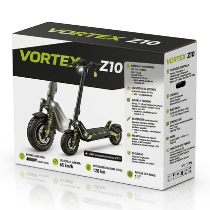 VORTEX Z10 2x2 Trotinete elétrica conectada via aplicação. Conta com uma potência combinada de 4000 W, dupla suspensão e autonomia até 65 km; está em conformidade com as regras de trânsito de Portugal