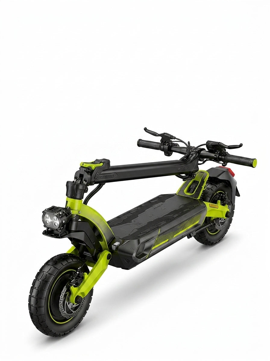 VORTEX X9 2x2 Trotinete elétrica conectada via aplicação. Conta com uma potência combinada de 1600 W, dupla suspensão e autonomia até 55 km; está em conformidade com as normas de trânsito de Portugal