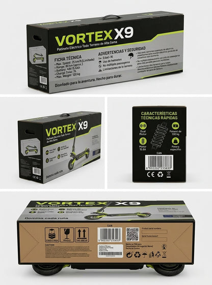 VORTEX X9 2x2 Trotinete elétrica conectada via aplicação. Conta com uma potência combinada de 1600 W, dupla suspensão e autonomia até 55 km; está em conformidade com as normas de trânsito de Portugal
