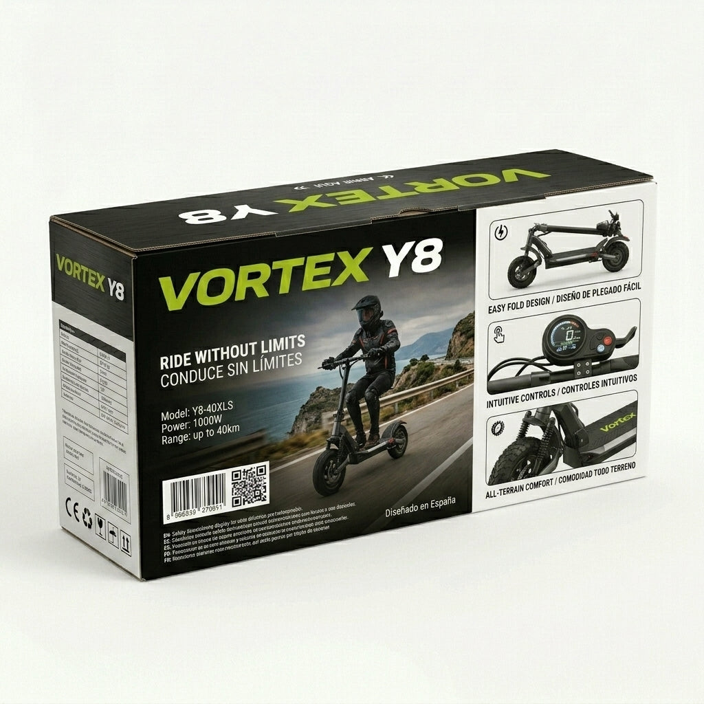 VORTEX Y8 2x2 Trotinete elétrica conectada via aplicação. Conta com uma potência combinada de 1000 W, dupla suspensão e autonomia até 25 km; está em conformidade com as regras de trânsito de Portugal