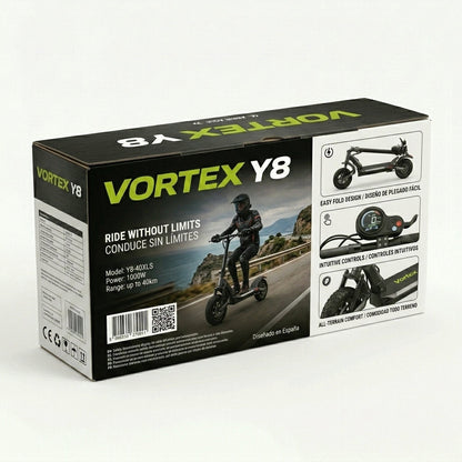 VORTEX Y8 2x2 Trotinete elétrica conectada via aplicação. Conta com uma potência combinada de 1000 W, dupla suspensão e autonomia até 25 km; está em conformidade com as regras de trânsito de Portugal